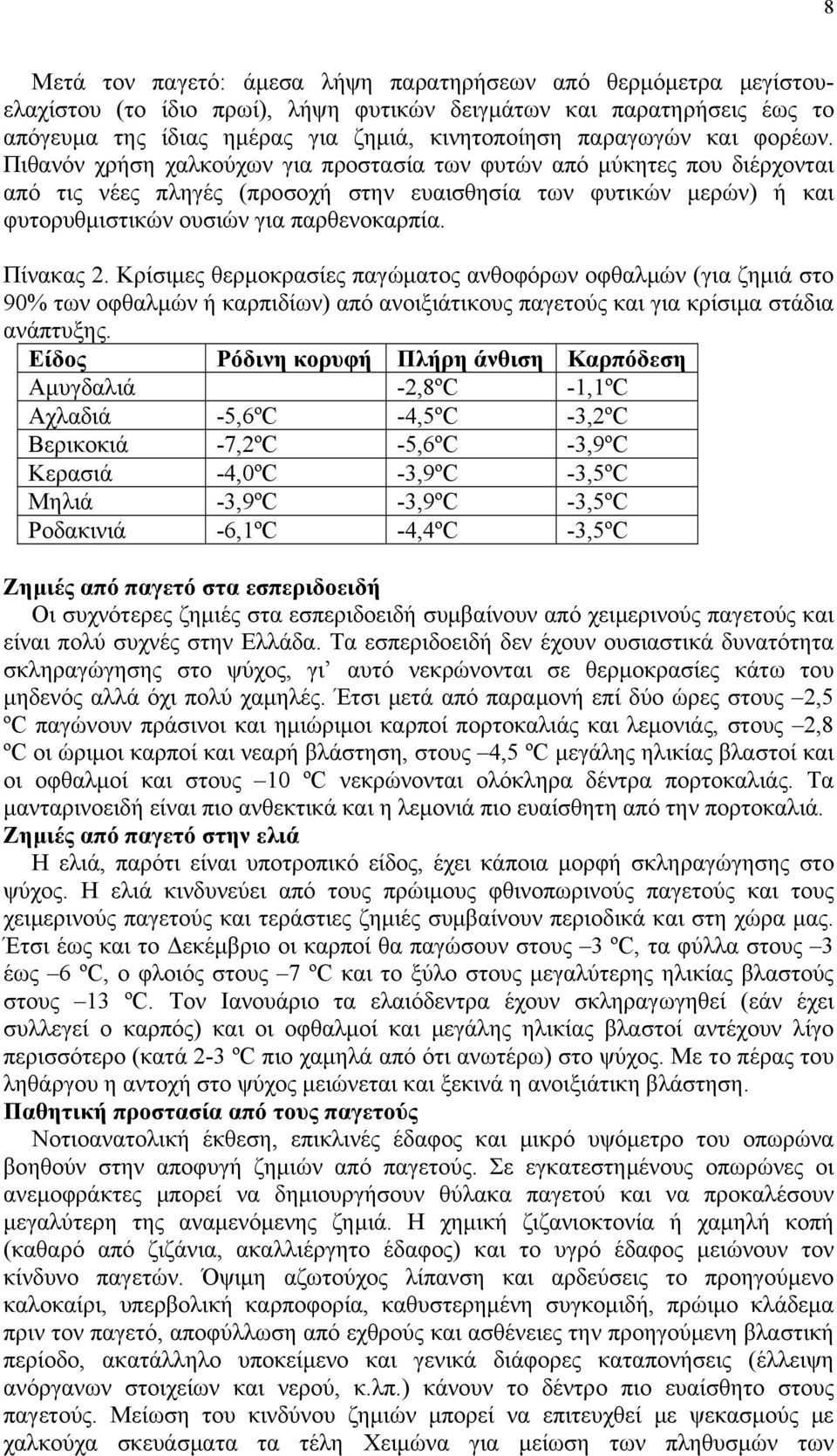 Πίνακας 2. Κρίσιμες θερμοκρασίες παγώματος ανθοφόρων οφθαλμών (για ζημιά στο 90% των οφθαλμών ή καρπιδίων) από ανοιξιάτικους παγετούς και για κρίσιμα στάδια ανάπτυξης.