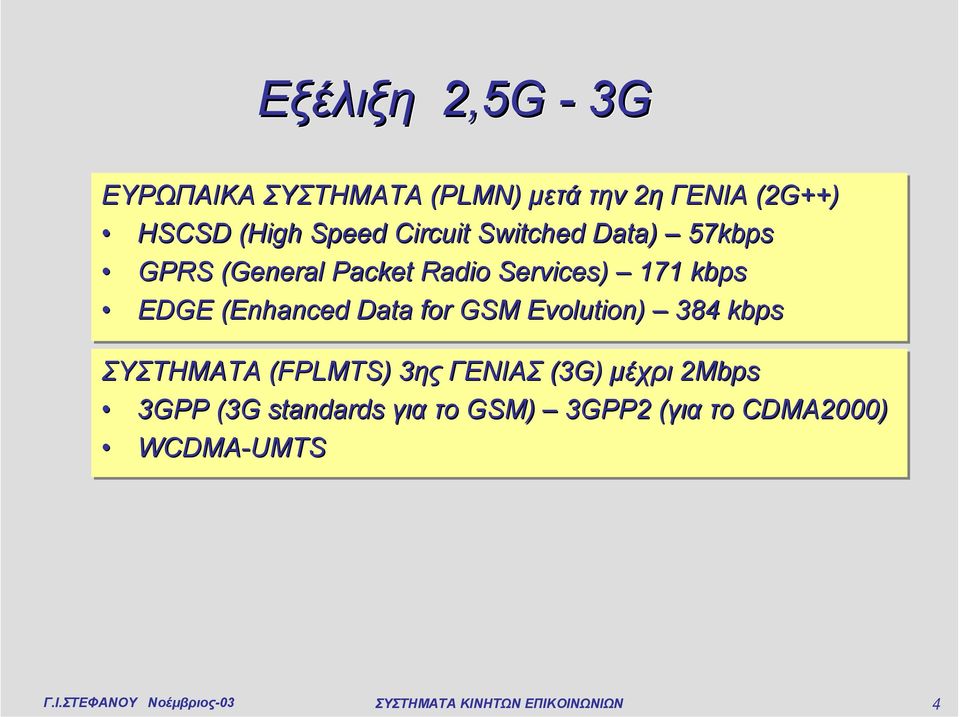 Evolution) 384 kbps ΣΥΣΤΗΜΑΤΑ (FPLMTS) 3ης ΓΕΝΙΑΣ (3G) µέχρι 2Mbps2 3GPP (3G( G standards για το