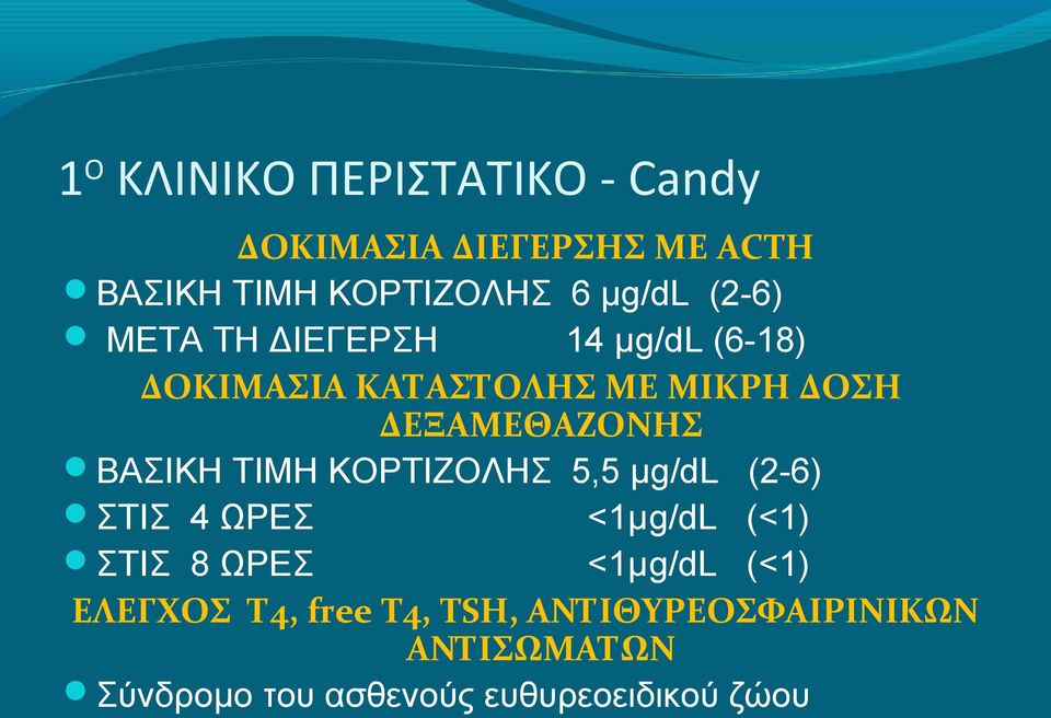 ΒΑΣΙΚΗ ΤΙΜΗ ΚΟΡΤΙΖΟΛΗΣ 5,5 μg/dl (2-6) ΣΤΙΣ 4 ΩΡΕΣ <1μg/dL (<1) ΣΤΙΣ 8 ΩΡΕΣ <1μg/dL (<1)