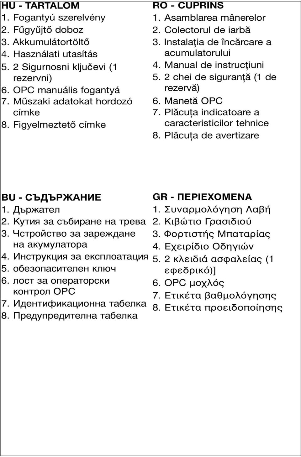 Manual de instrucţiuni 5. 2 chei de siguranţă (1 de rezervă) 6. Manet\ OPC 7. Plăcuţa indicatoare a caracteristicilor tehnice 8. Plăcuţa de avertizare BU - 1. 2. K 3. 4. 5. 6. OPC 7. 8. GR - ΠΕΡIΕΧΟΜΕNΑ 1.