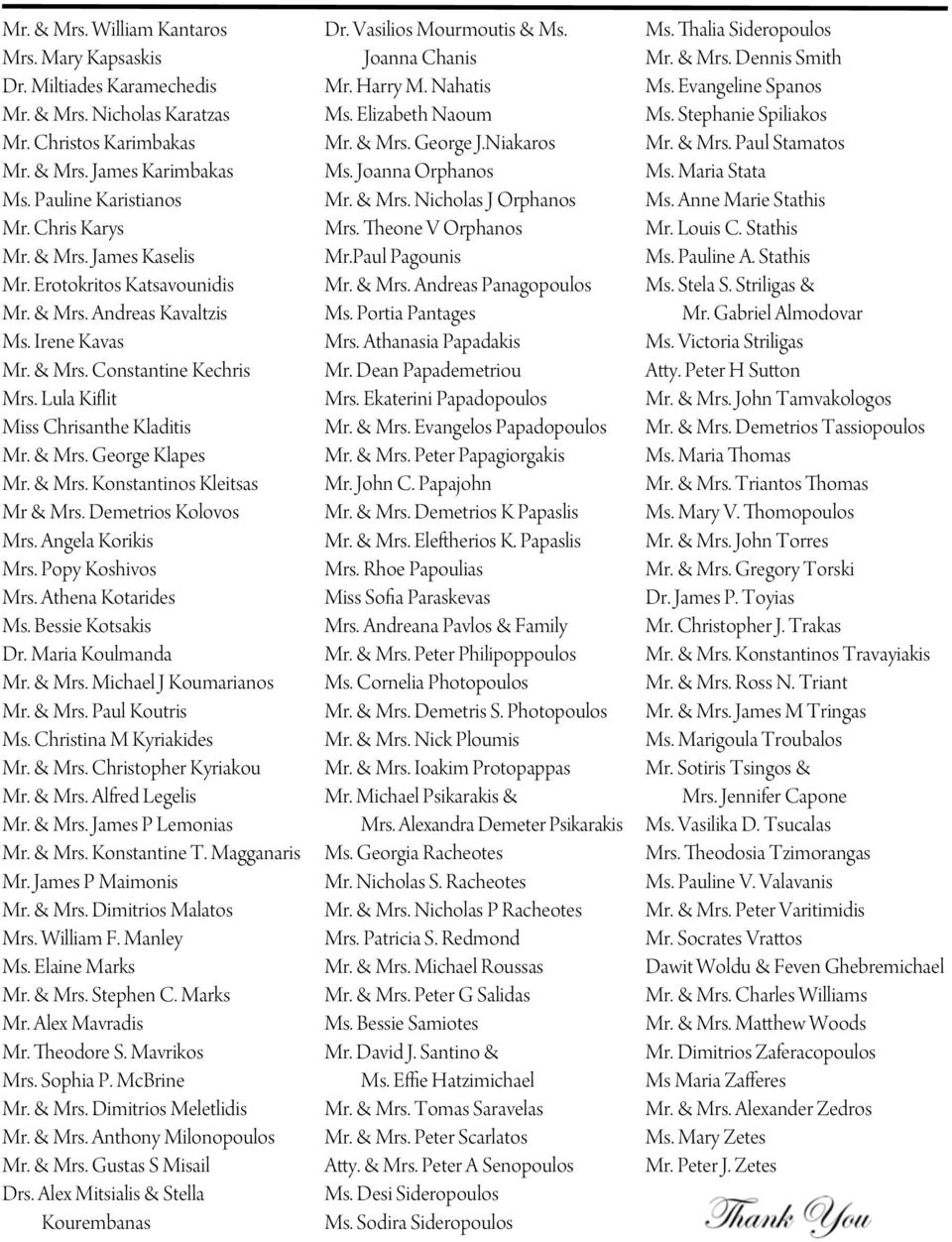 & Mrs. Konstantinos Kleitsas Mr & Mrs. Demetrios Kolovos Mrs. Angela Korikis Mrs. Popy Koshivos Mrs. Athena Kotarides Ms. Bessie Kotsakis Dr. Maria Koulmanda Mr. & Mrs. Michael J Koumarianos Mr.
