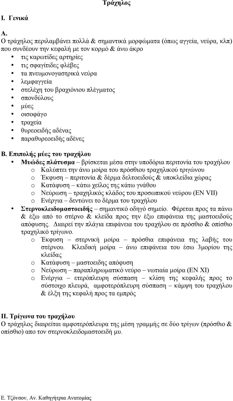 λεµφαγγεία στελέχη του βραχιόνιου πλέγµατος σπονδύλους µύες οισοφάγο τραχεία θυρεοειδής αδένας παραθυρεοειδής αδένες Β.