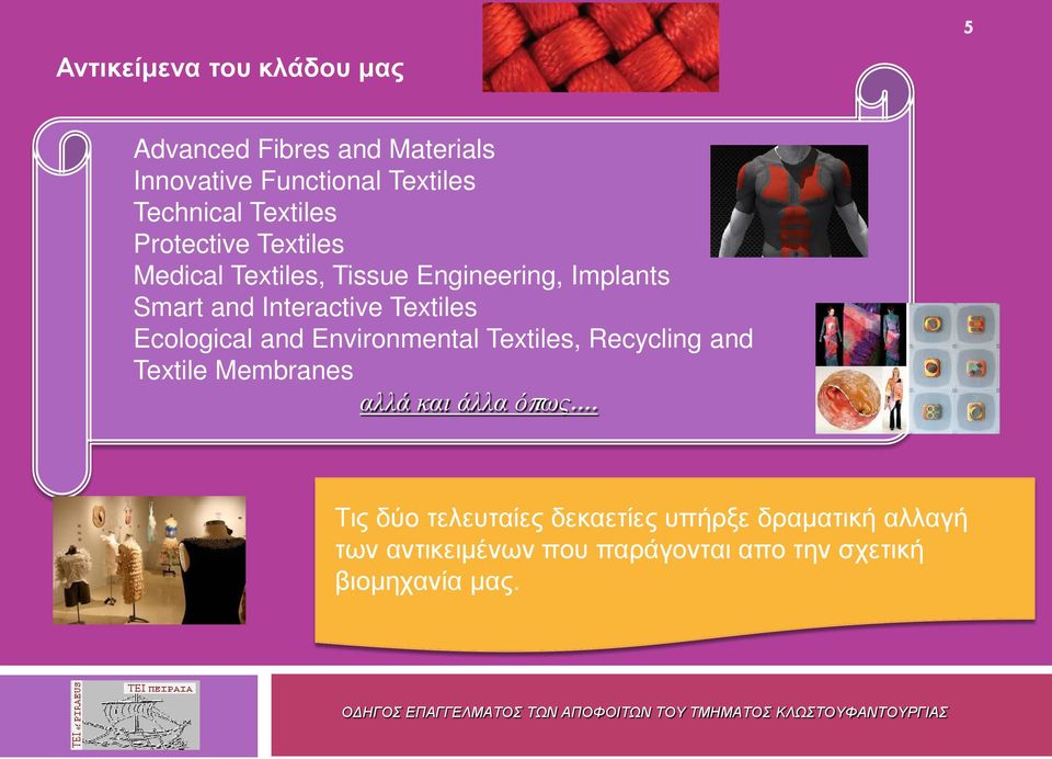 Textiles Ecological and Environmental Textiles, Recycling and Textile Membranes αλλά και άλλα όπως.