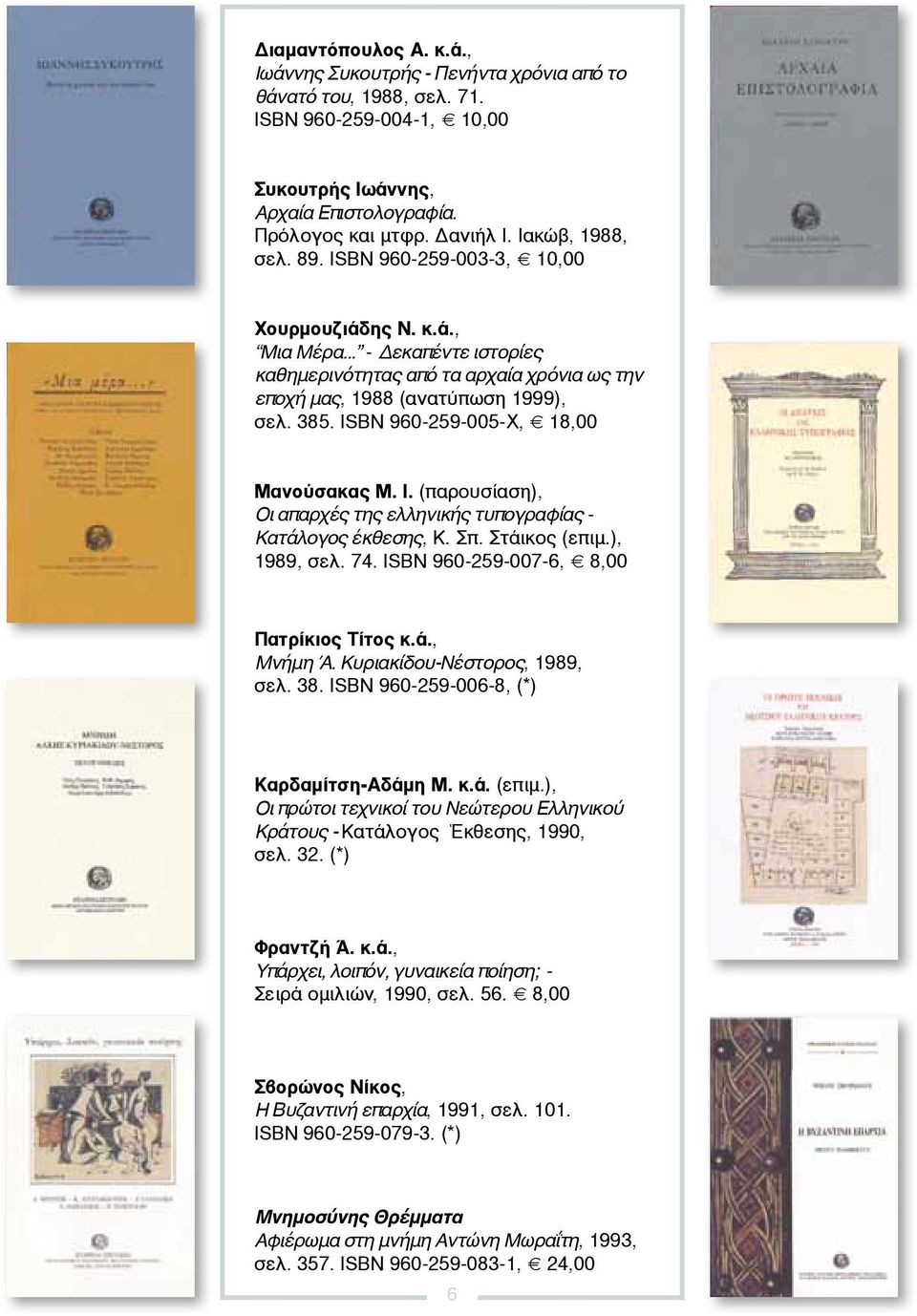 ISBN 960-259-005-Χ, 18,00 Μανούσακας Μ. Ι. (παρουσίαση), Οι απαρχές της ελληνικής τυπογραφίας - Κατάλογος έκθεσης, Κ. Σπ. Στάικος (επιμ.), 1989, σελ. 74. ISBN 960-259-007-6, 8,00 Πατρίκιος Τίτος κ.ά., Μνήμη Ά.