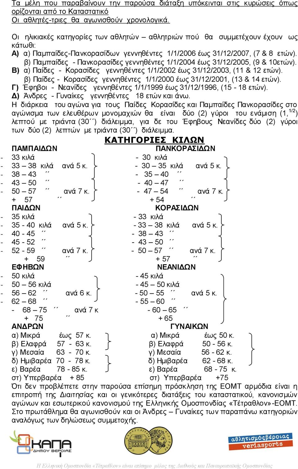 β) Παμπαίδες - Πανκορασίδες γεννηθέντες 1/1/2004 έως 31/12/2005, (9 & 10ετών). Β) α) Παίδες - Κορασίδες γεννηθέντες 1/1/2002 έως 31/12/2003, (11 & 12 ετών).