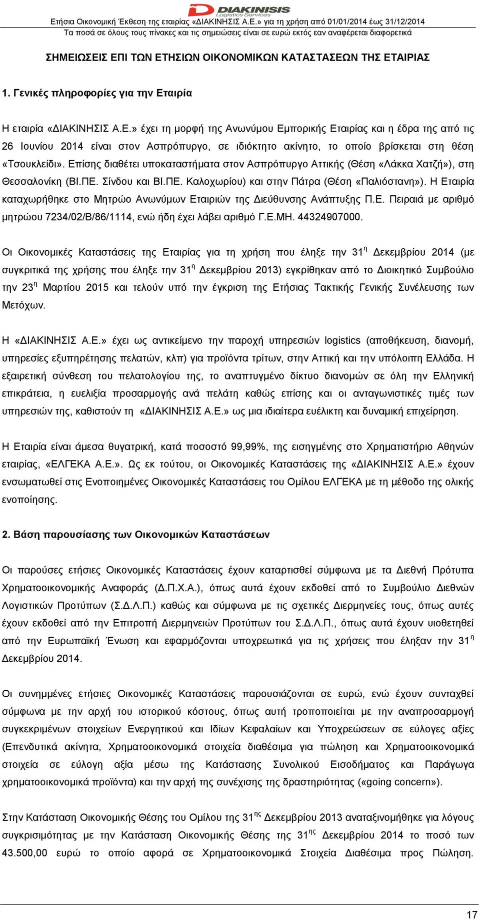 Η Εταιρία καταχωρήθηκε στο Μητρώο Ανωνύμων Εταιριών της Διεύθυνσης Ανάπτυξης Π.Ε. Πειραιά με αριθμό μητρώου 7234/02/Β/86/1114, ενώ ήδη έχει λάβει αριθμό Γ.Ε.ΜΗ. 44324907000.