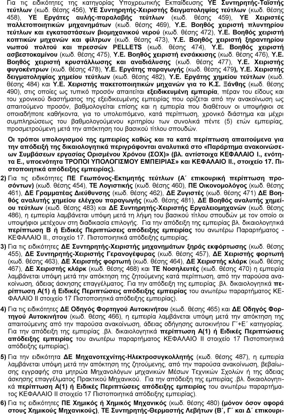 θέσης 472), Υ.Ε. Βοηθός χειριστή κοπτικών μηχανών φίλτρων (κωδ. θέσης 473), Υ.Ε. Βοηθός χειριστή ξηραντηρίου νωπού πολτού πρεσσών PELLETS (κωδ. θέσης 474), Υ.Ε. Βοηθός χειριστή ασβεστοκαμίνου (κωδ.