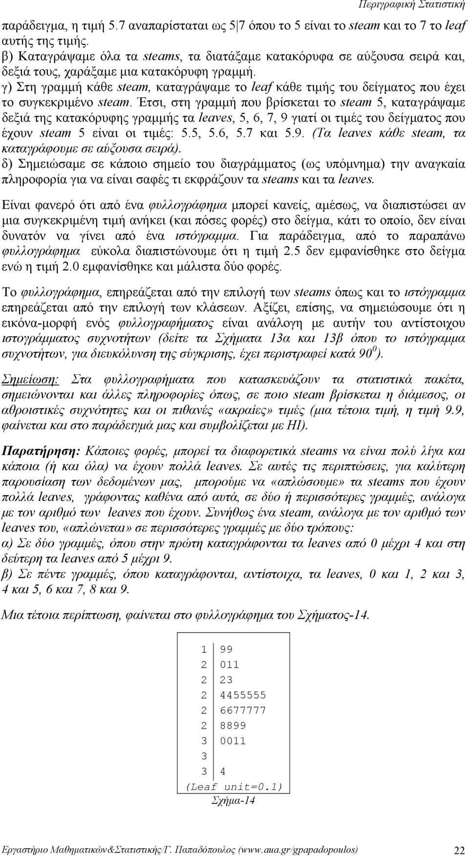 κατακόρυφης γραμμής τα leaves, 5, 6, 7, 9 γιατί οι τιμές του δείγματος που έχουν steam 5 είναι οι τιμές: 55, 56, 57 και 59 (Τα leaves κάθε steam, τα καταγράφουμε σε αύξουσα σειρά) δ) Σημειώσαμε σε