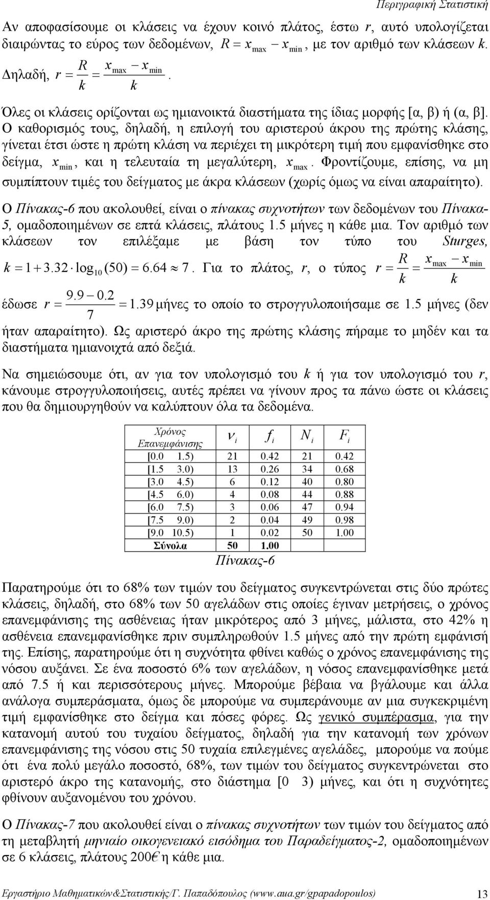 μικρότερη τιμή που εμφανίσθηκε στο δείγμα, x m, και η τελευταία τη μεγαλύτερη, x max Φροντίζουμε, επίσης, να μη συμπίπτουν τιμές του δείγματος με άκρα κλάσεων (χωρίς όμως να είναι απαραίτητο) Ο