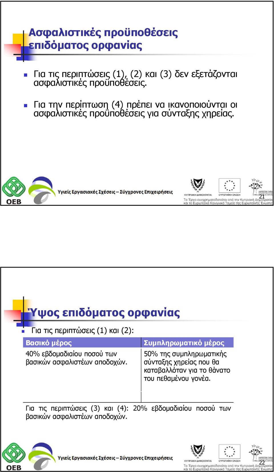 21 Ύψος επιδόματος ορφανίας Για τις περιπτώσεις (1) και (2): Βασικό μέρος 40% εβδομαδιαίου ποσού των βασικών ασφαλιστέων αποδοχών.