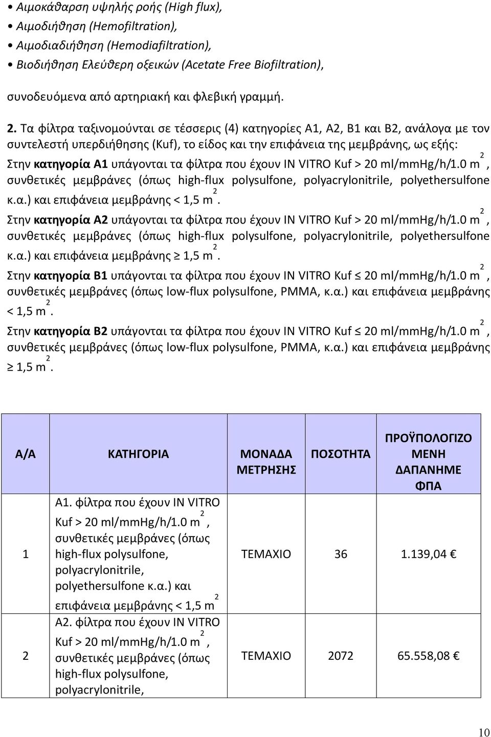 Τα φίλτρα ταξινομούνται σε τέσσερις (4) κατηγορίες Α1, Α2, Β1 και Β2, ανάλογα με τον συντελεστή υπερδιήθησης (Kuf), το είδος και την επιφάνεια της μεμβράνης, ως εξής: Στην κατηγορία Α1 υπάγονται τα