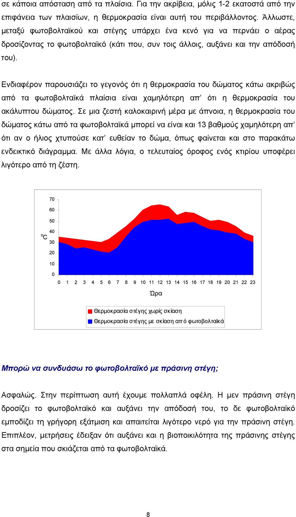 Ενδιαφέρον παρουσιάζει το γεγονός ότι η θερμοκρασία του δώματος κάτω ακριβώς από τα φωτοβολταϊκά πλαίσια είναι χαμηλότερη απ ότι η θερμοκρασία του ακάλυπτου δώματος.