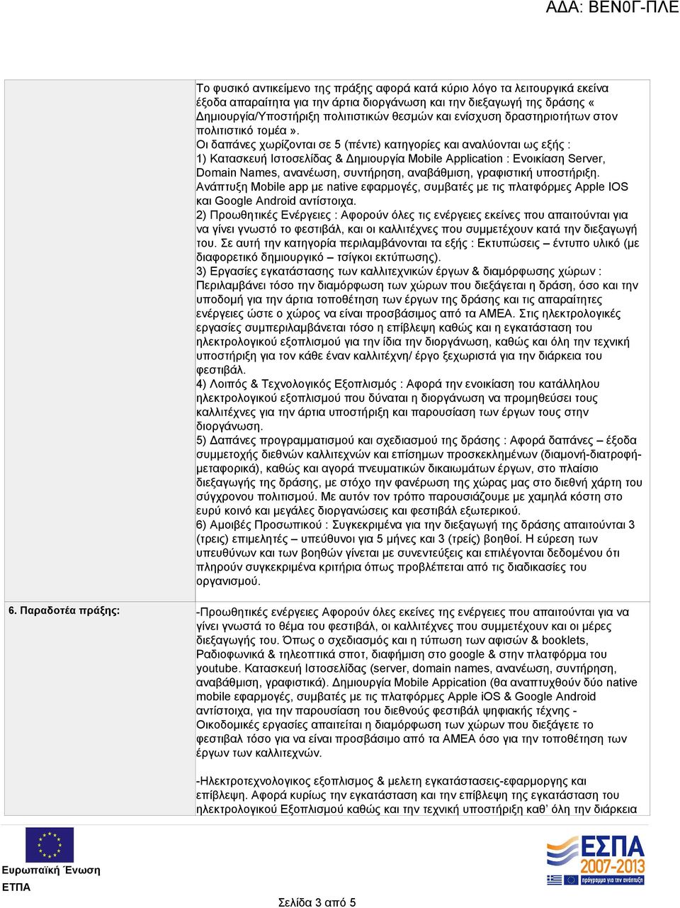 Οι δαπάνες χωρίζονται σε 5 (πέντε) κατηγορίες και αναλύονται ως εξής : 1) Κατασκευή Ιστοσελίδας & Δημιουργία Mobile Application : Ενοικίαση Server, Domain Names, ανανέωση, συντήρηση, αναβάθμιση,