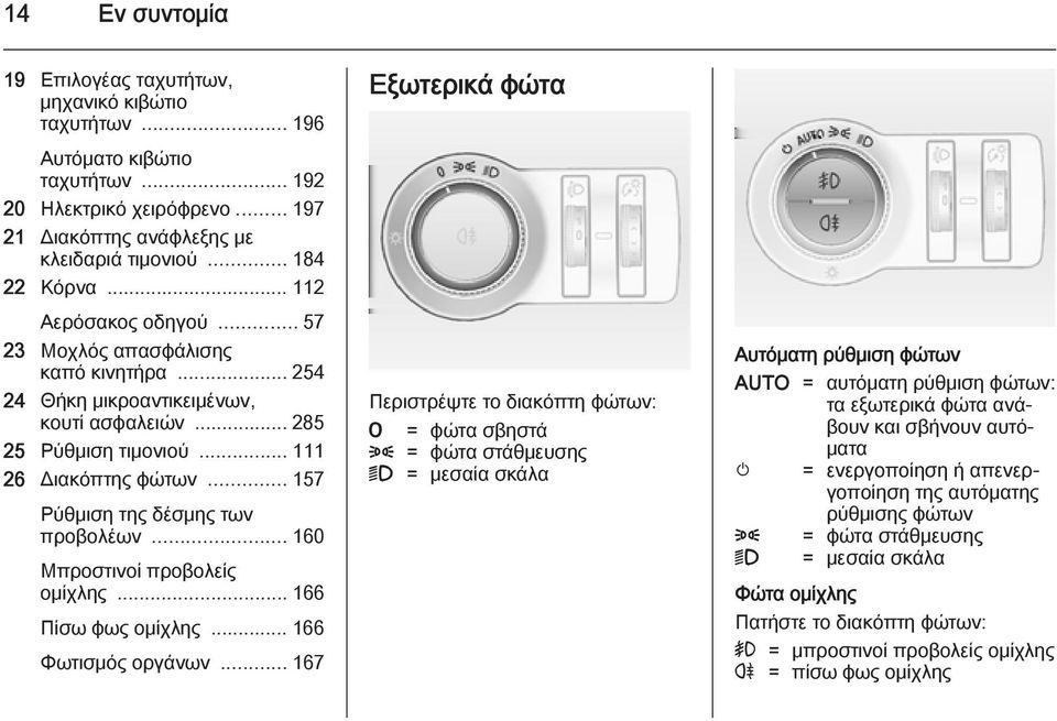 .. 157 Ρύθμιση της δέσμης των προβολέων... 160 Μπροστινοί προβολείς ομίχλης... 166 Πίσω φως ομίχλης... 166 Φωτισμός οργάνων.