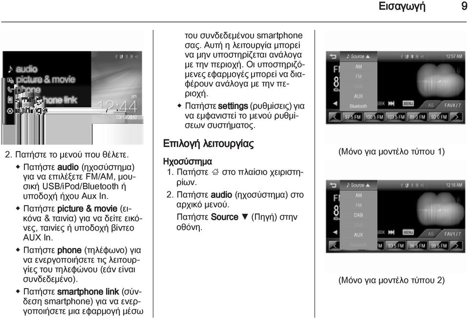 Πατήστε smartphone link (σύνδεση smartphone) για να ενεργοποιήσετε μια εφαρμογή μέσω του συνδεδεμένου smartphone σας. Αυτή η λειτουργία μπορεί να μην υποστηρίζεται ανάλογα με την περιοχή.