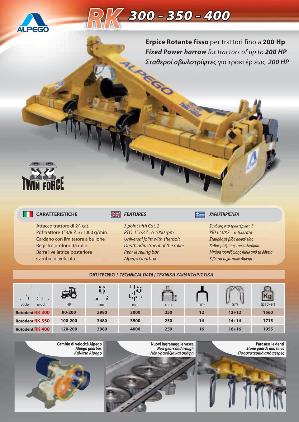 2 PTO 1 3/8 Z=6 1000 rpm Universal joint with sherbolt Depth adjustment of the roller Rear levelling bar Alpego Gearbox ΧΑΡΑΚΤΗΡΙΣΤΙΚΑ Σύνδεση στο τρακτέρ κατ. 3 PTO 1 3/8 Ζ = 6 1000 στρ.