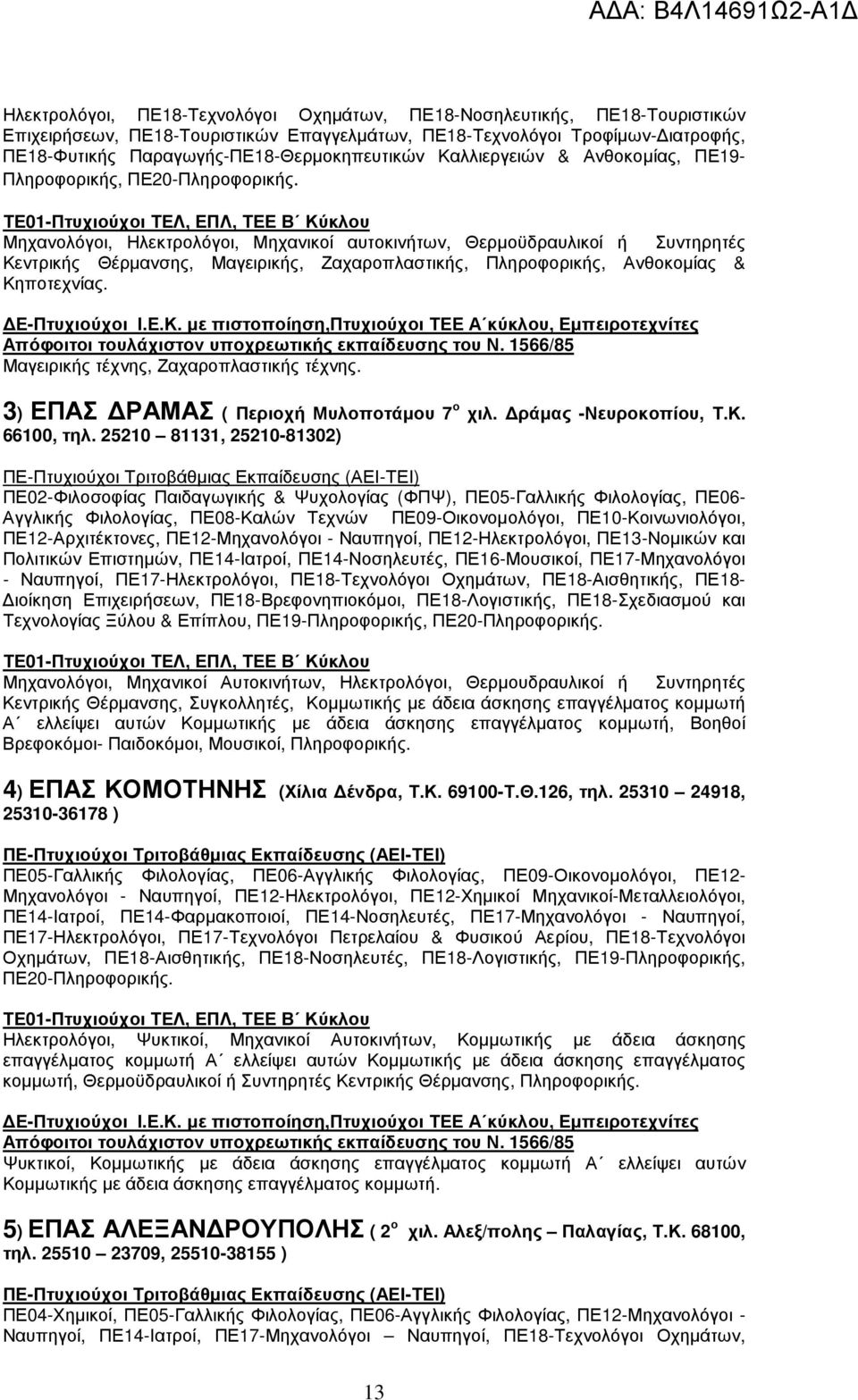 Μηχανολόγοι, Ηλεκτρολόγοι, Μηχανικοί αυτοκινήτων, Θερµοϋδραυλικοί ή Συντηρητές Κεντρικής Θέρµανσης, Μαγειρικής, Ζαχαροπλαστικής, Πληροφορικής, Ανθοκοµίας & Κηποτεχνίας.