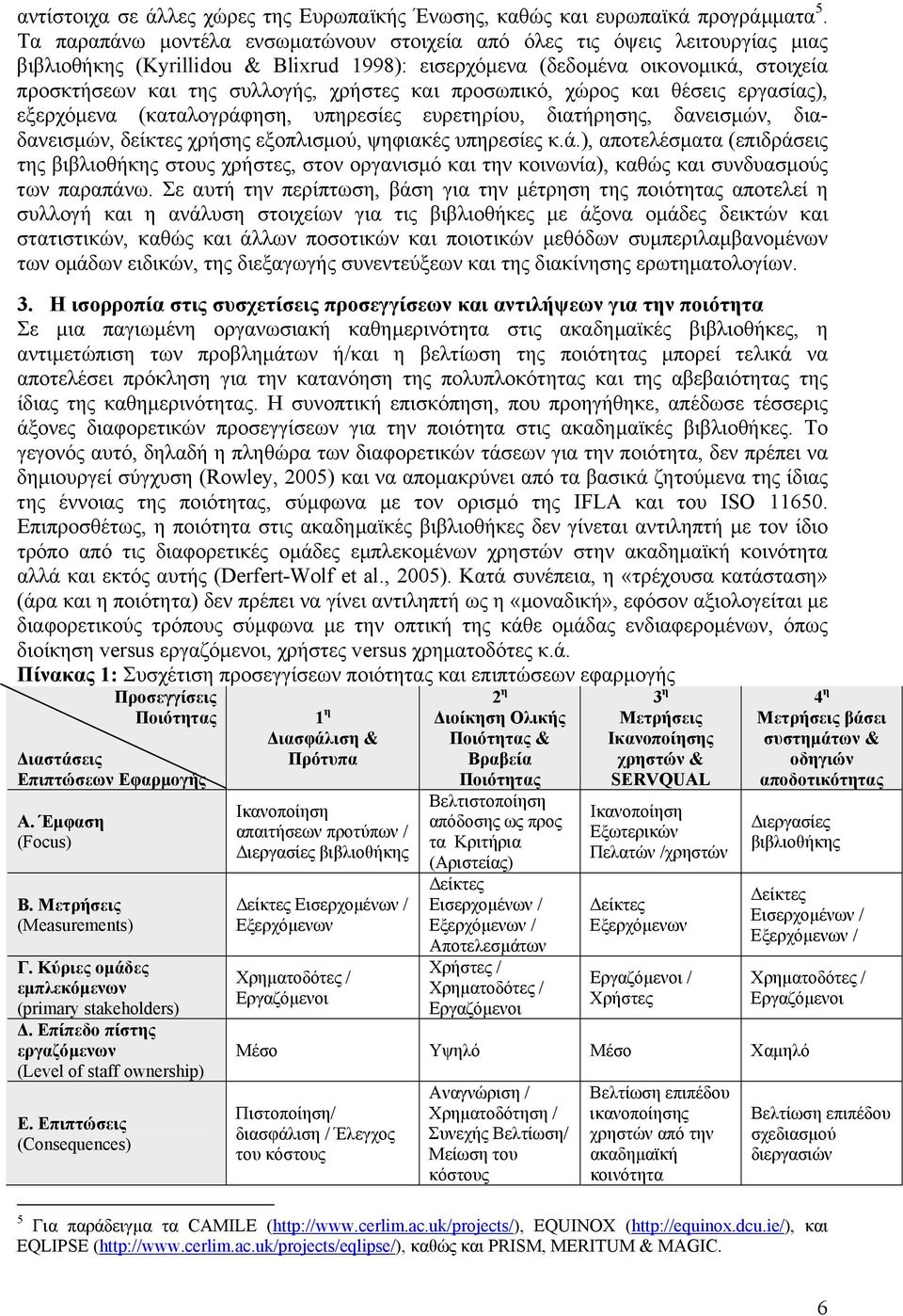 και προσωπικό, χώρος και θέσεις εργασίας), εξερχόµενα (καταλογράφηση, υπηρεσίες ευρετηρίου, διατήρησης, δανεισµών, διαδανεισµών, δείκτες χρήσης εξοπλισµού, ψηφιακές υπηρεσίες κ.ά.), αποτελέσµατα (επιδράσεις της βιβλιοθήκης στους χρήστες, στον οργανισµό και την κοινωνία), καθώς και συνδυασµούς των παραπάνω.