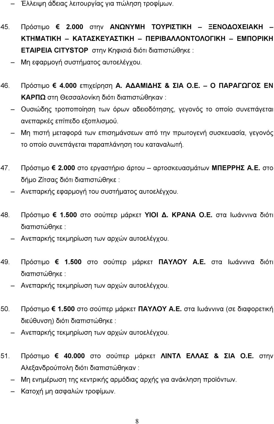 ΑΔΑΜΙΔΗΣ & ΣΙΑ Ο.Ε. Ο ΠΑΡΑΓΩΓΟΣ ΕΝ ΚΑΡΠΩ στη Θεσσαλονίκη διότι διαπιστώθηκαν : Ουσιώδης τροποποίηση των όρων αδειοδότησης, γεγονός το οποίο συνεπάγεται ανεπαρκές επίπεδο εξοπλισμού.