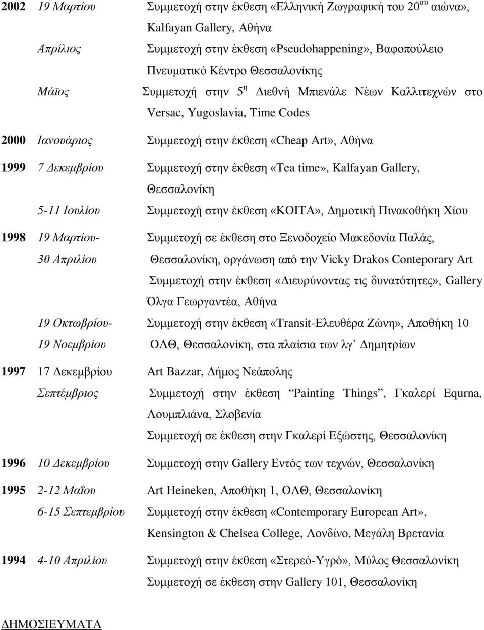 Kalfayan Gallery, Θεσσαλονίκη 5-11 Ιουλίου Συμμετοχή στην έκθεση «ΚΟΙΤΑ», Δημοτική Πινακοθήκη Χίου 1998 19 Μαρτίου- Συμμετοχή σε έκθεση στο Ξενοδοχείο Μακεδονία Παλάς, 30 Απριλίου Θεσσαλονίκη,