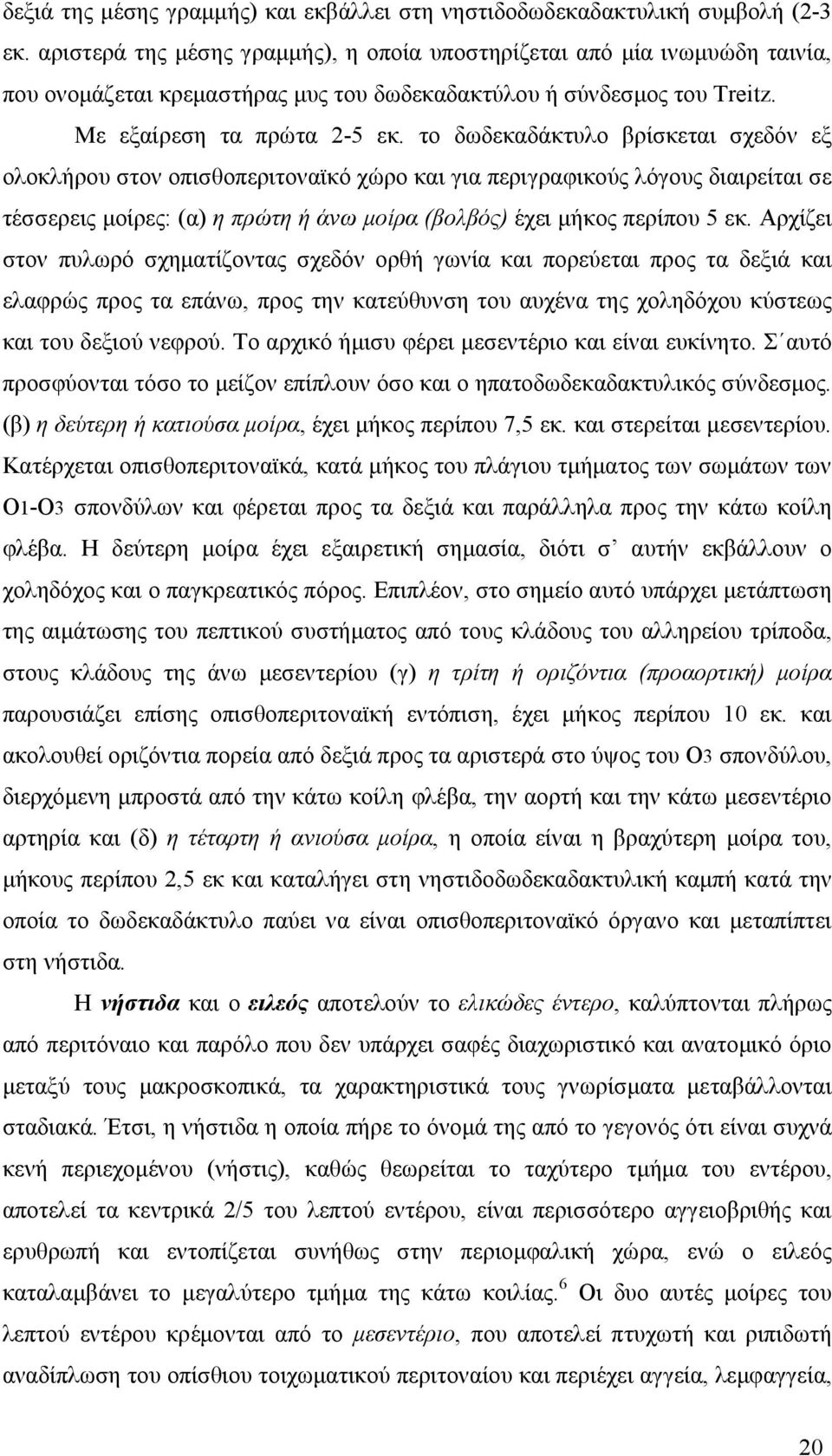 το δωδεκαδάκτυλο βρίσκεται σχεδόν εξ ολοκλήρου στον οπισθοπεριτοναϊκό χώρο και για περιγραφικούς λόγους διαιρείται σε τέσσερεις μοίρες: (α) η πρώτη ή άνω μοίρα (βολβός) έχει μήκος περίπου 5 εκ.