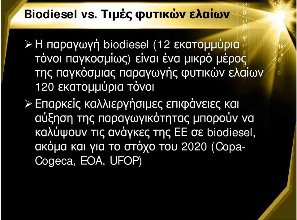 μικρό μέρος της παγκόσμιας παραγωγής φυτικών ελαίων 120 εκατομμύρια τόνοι Επαρκείς