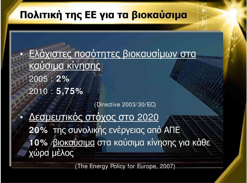 Δεσμευτικός στόχος στο 2020 20% της συνολικής ενέργειας από ΑΠΕ 10%