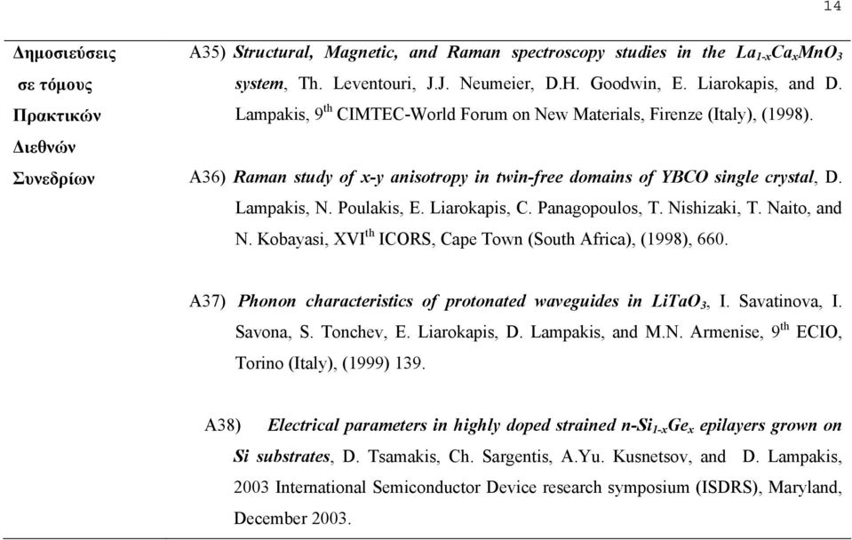 Poulakis, E. Liarokapis, C. Panagopoulos, T. Nishizaki, T. Naito, and N. Kobayasi, XVI th ICORS, Cape Town (South Africa), (1998), 660.