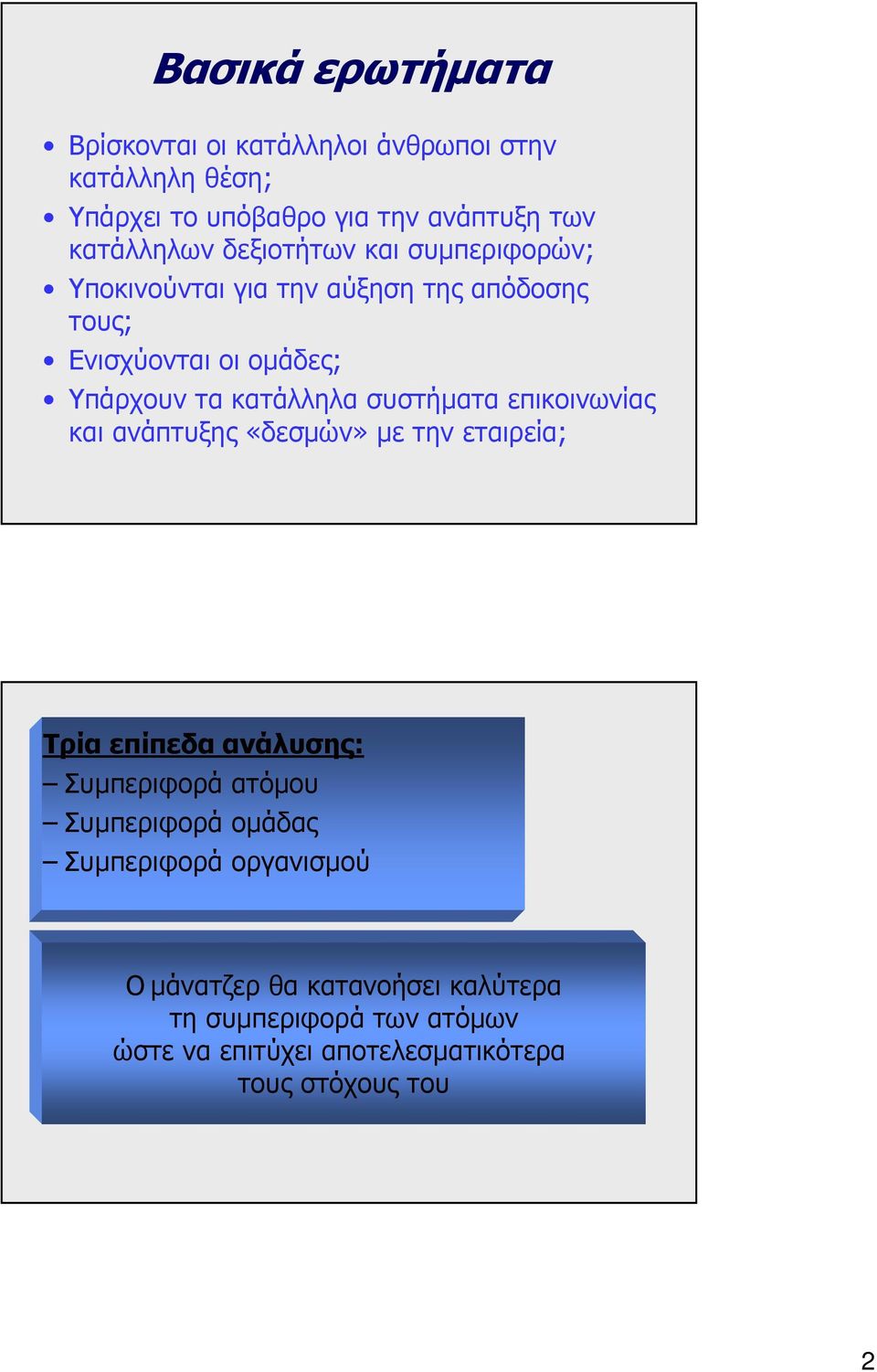 συστήµατα επικοινωνίας και ανάπτυξης «δεσµών» µε την εταιρεία; Τρία επίπεδα ανάλυσης: Συµπεριφορά ατόµου Συµπεριφορά οµάδας