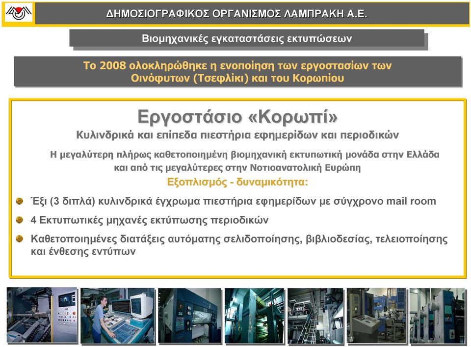 Εργοστάσιο «Κορωπί» Κυλινδρικά και επίπεδα πιεστήρια εφηµερίδων και περιοδικών Η µεγαλύτερη πλήρως καθετοποιηµένη βιοµηχανική εκτυπωτική µονάδα στην Ελλάδα και