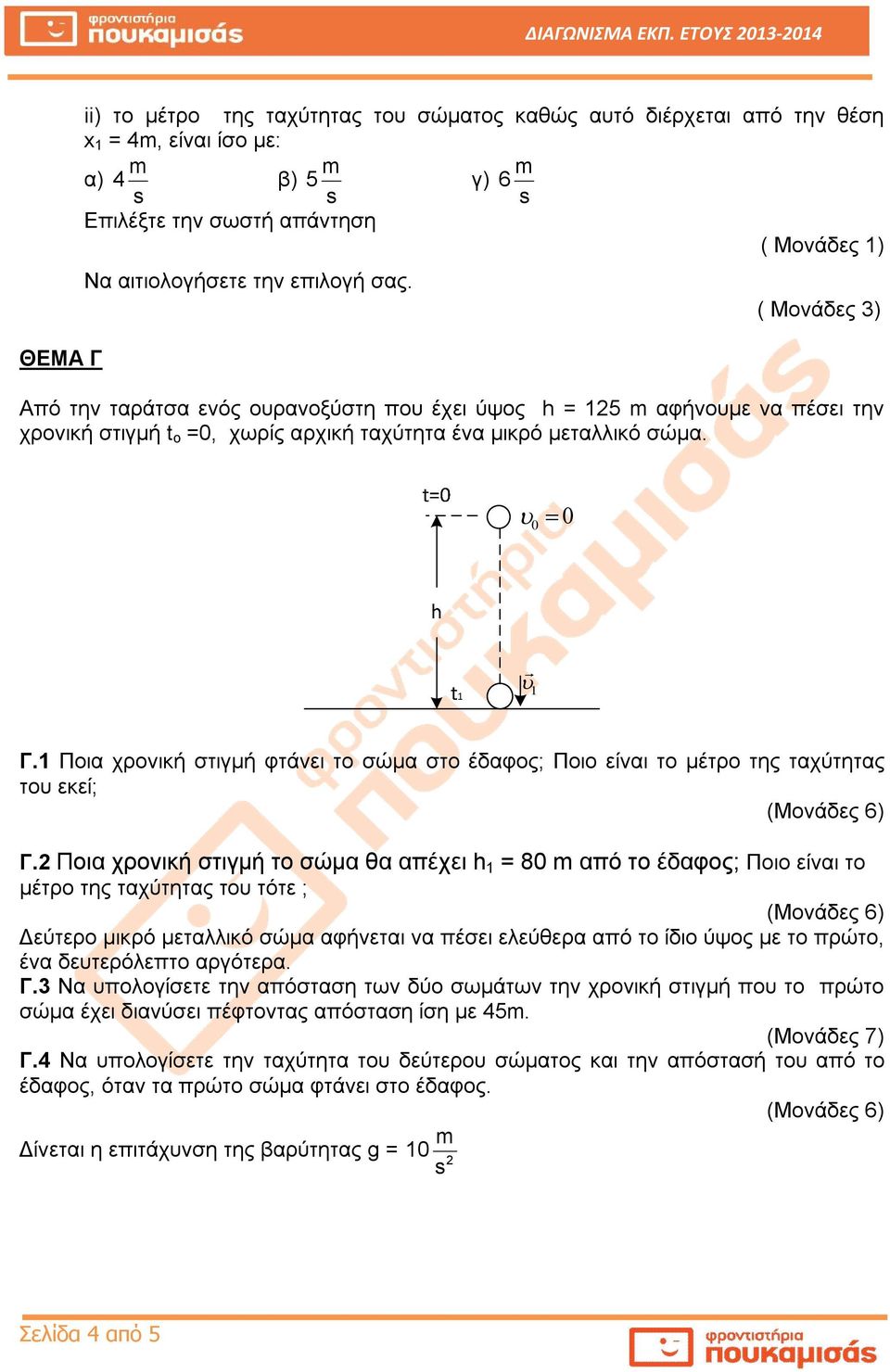 πέσει την χρονική στιγμή t o =0, χωρίς αρχική ταχύτητα ένα μικρό μεταλλικό σώμα. 0 0 1 Γ.1 Ποια χρονική στιγμή φτάνει το σώμα στο έδαφος; Ποιο είναι το μέτρο της ταχύτητας του εκεί; Γ.
