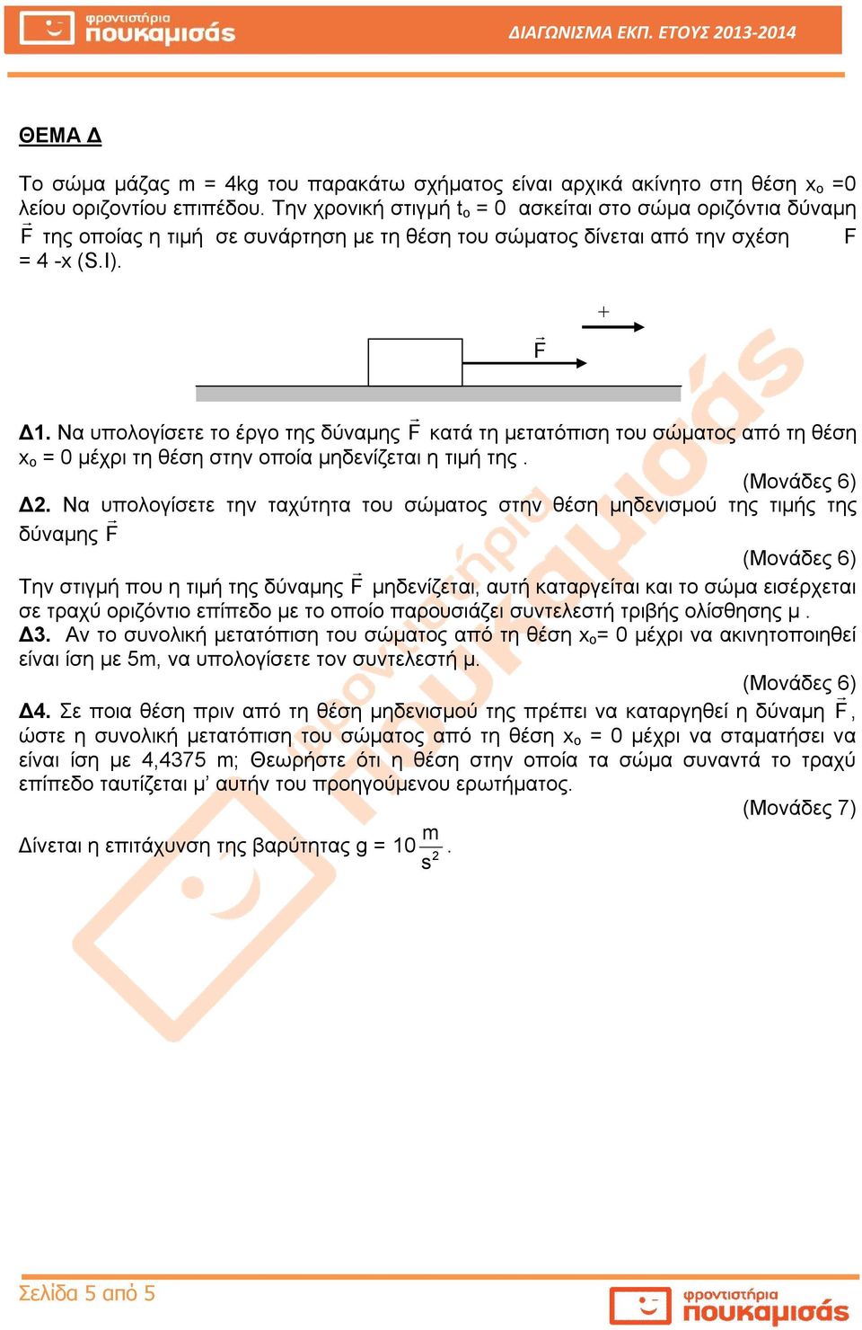 Να υπολογίσετε το έργο της δύναμης κατά τη μετατόπιση του σώματος από τη θέση x o = 0 μέχρι τη θέση στην οποία μηδενίζεται η τιμή της. Δ.