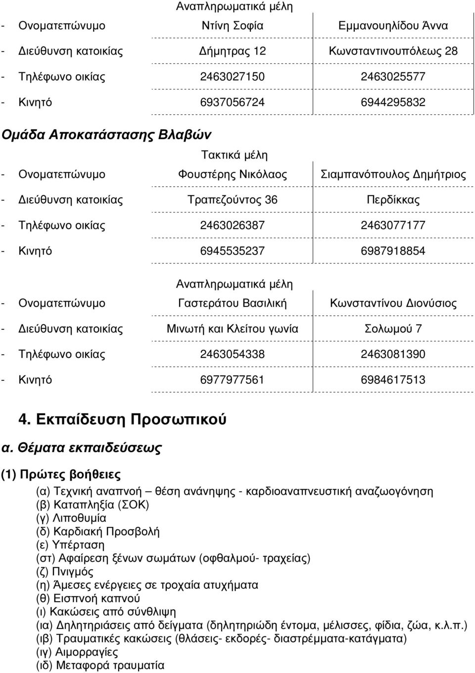 Αναπληρωµατικά µέλη - Ονοµατεπώνυµο Γαστεράτου Βασιλική Κωνσταντίνου ιονύσιος - ιεύθυνση κατοικίας Μινωτή και Κλείτου γωνία Σολωµού 7 - Τηλέφωνο οικίας 2463054338 2463081390 - Κινητό 6977977561