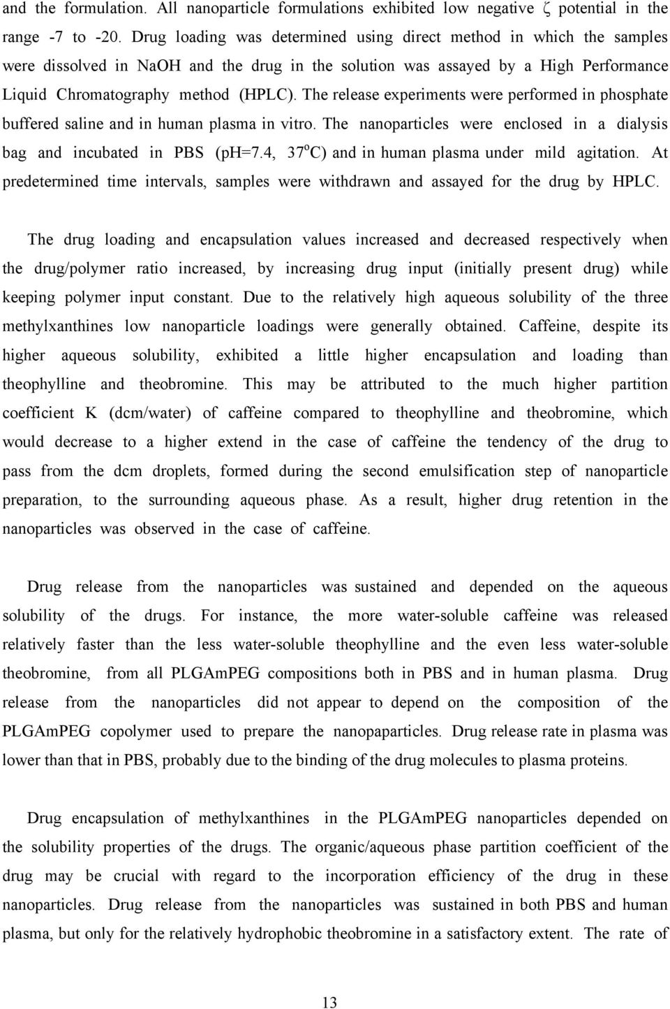 The release experiments were performed in phosphate buffered saline and in human plasma in vitro. The nanoparticles were enclosed in a dialysis bag and incubated in PBS (ph=7.
