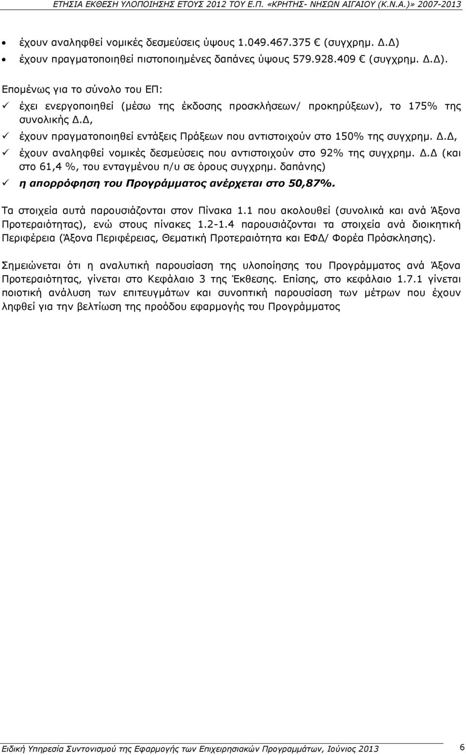δαπάνης) η απορρόφηση του Προγράμματος ανέρχεται στο 50,87%. Τα στοιχεία αυτά παρουσιάζονται στον Πίνακα 1.1 που ακολουθεί (συνολικά και ανά Άξονα Προτεραιότητας), ενώ στους πίνακες 1.2-1.