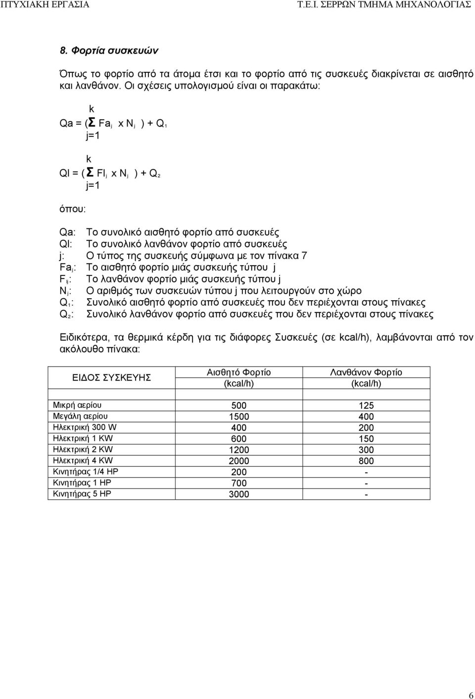 συσκευές j: Ο τύπος της συσκευής σύμφωνα με τον πίνακα 7 Fa j : Το αισθητό φορτίο μιάς συσκευής τύπου j F lj : Το λανθάνον φορτίο μιάς συσκευής τύπου j Ν j : Ο αριθμός των συσκευών τύπου j που