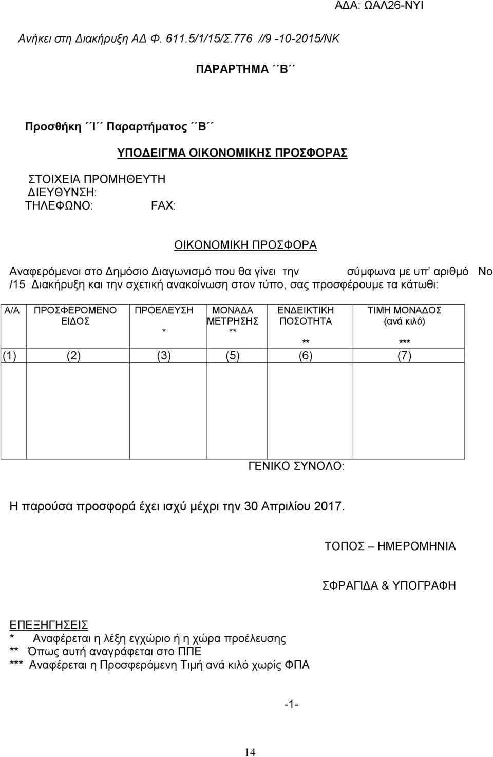 ιαγωνισµό που θα γίνει την σύµφωνα µε υπ αριθµό No /15 ιακήρυξη και την σχετική ανακοίνωση στον τύπο, σας προσφέρουµε τα κάτωθι: Α/Α ΠΡΟΣΦΕΡΟΜΕΝΟ ΕΙ ΟΣ ΠΡΟΕΛΕΥΣΗ * ΜΟΝΑ Α ΜΕΤΡΗΣΗΣ **