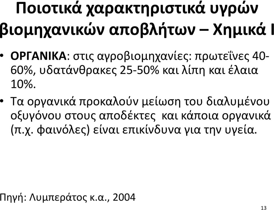 Τα οργανικά προκαλούν μείωση του διαλυμένου οξυγόνου στους αποδέκτες και κάποια