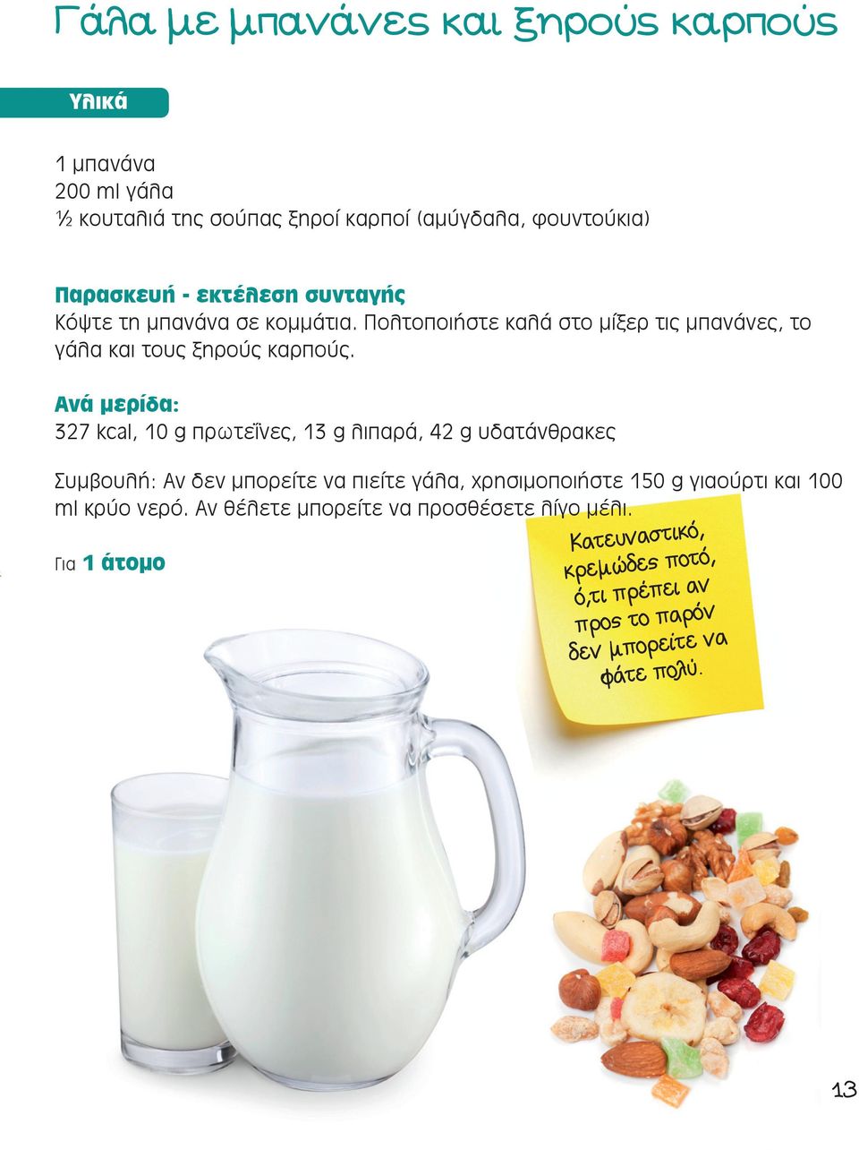 Ανά μερίδα: 327 kcal, 10 g πρωτεΐνες, 13 g λιπαρά, 42 g υδατάνθρακες Συμβουλή: Αν δεν μπορείτε να πιείτε γάλα, χρησιμοποιήστε 150 g