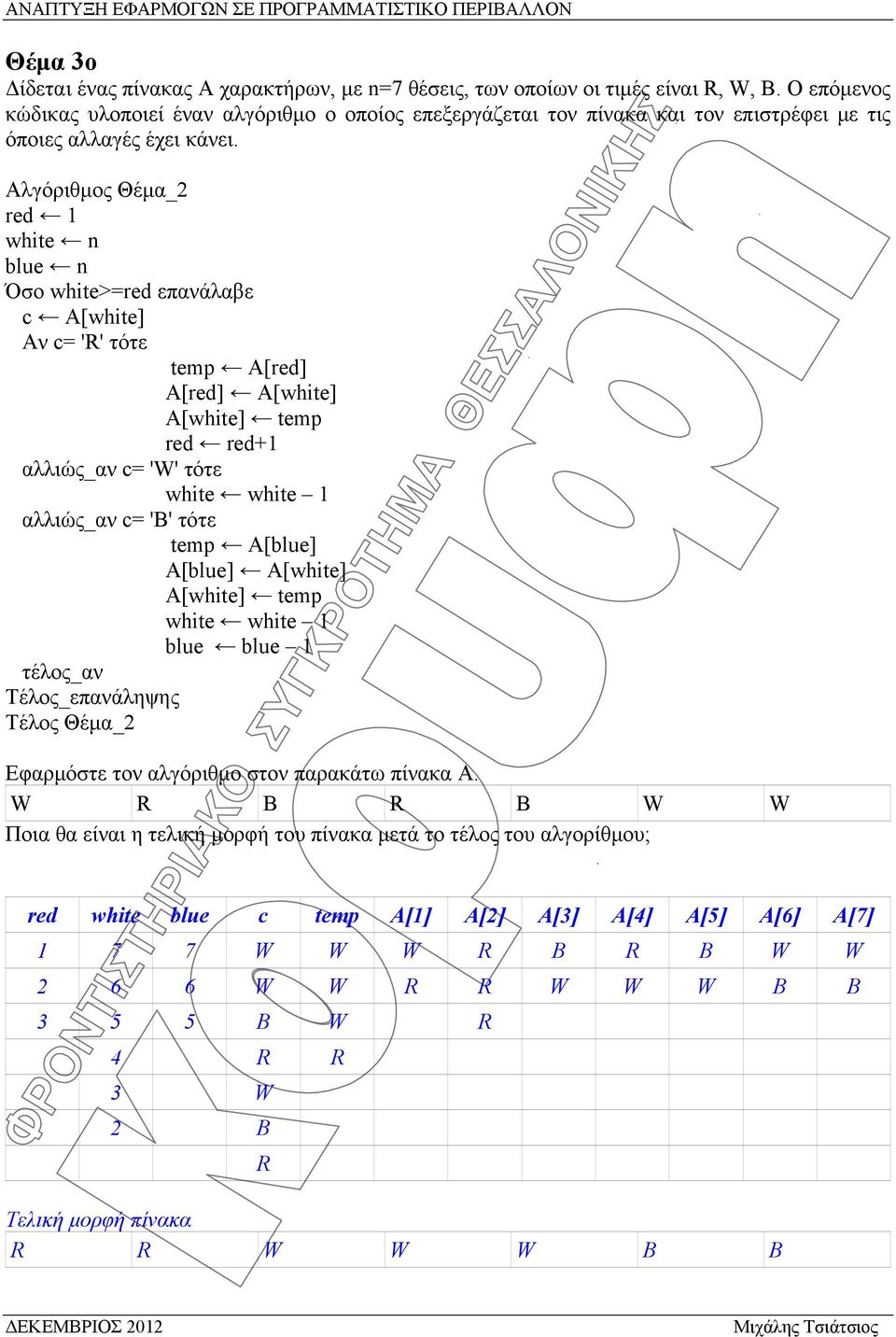 Αλγόριθμος Θέμα_2 red 1 white n blue n Όσο white>=red επανάλαβε c A[white] Αν c= 'R' τότε temp A[red] A[red] A[white] A[white] temp red red+1 αλλιώς_αν c= 'W' τότε white white 1 αλλιώς_αν c= 'Β' τότε