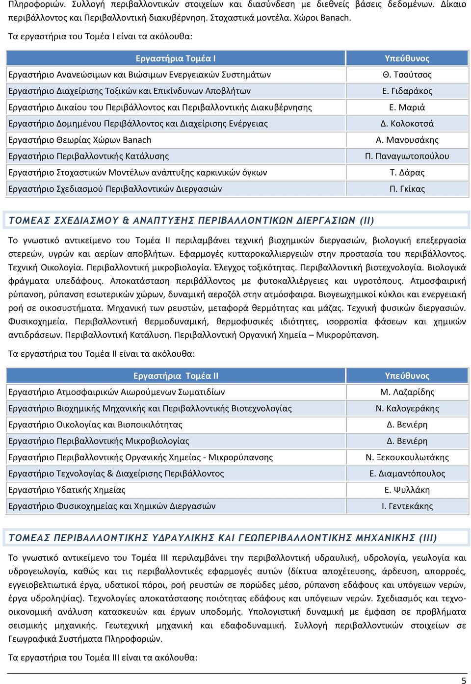 του Περιβάλλοντος και Περιβαλλοντικής Διακυβέρνησης Εργαστήριο Δομημένου Περιβάλλοντος και Διαχείρισης Ενέργειας Εργαστήριο Θεωρίας Χώρων Banach Εργαστήριο Περιβαλλοντικής Κατάλυσης Εργαστήριο