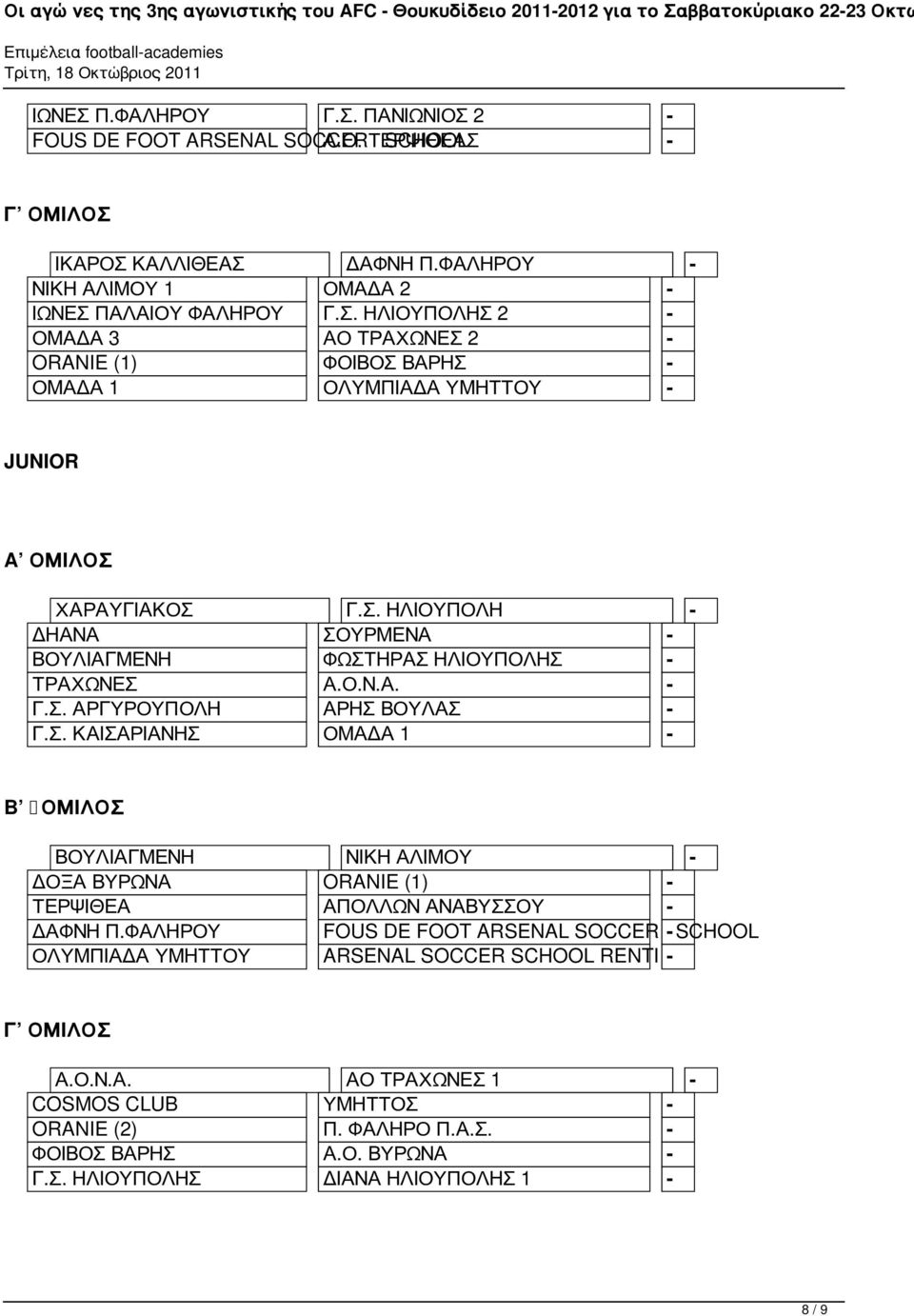 ΦΑΛΗΡΟΥ FOUS DE FOOT ARSENAL SOCCER - SCHOOL ΟΛΥΜΠΙΑΔΑ ΥΜΗΤΤΟΥ ARSENAL SOCCER SCHOOL RENTI - Α.Ο.Ν.Α. ΑΟ ΤΡΑΧΩΝΕΣ 1 - COSMOS CLUB ΥΜΗΤΤΟΣ - ORANIE (2) Π. ΦΑΛΗΡΟ Π.Α.Σ. - ΦΟΙΒΟΣ ΒΑΡΗΣ Α.Ο. ΒΥΡΩΝΑ - Γ.
