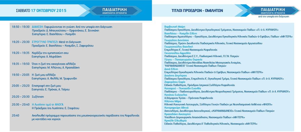 Μυριδάκη 19:35 19:50 Όταν η ζωή της οικογένειας αλλάζει Εισηγήτριες: Μ. Κλώνου, Α. Κρασαδάκη 19:50 20:05 Η ζωή μου αλλάζει Εισηγήτριες: Α. Φελλά, Μ.