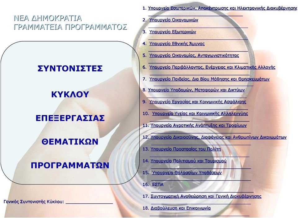 Υπουργείο Παιδείας, Δια Βίου Μάθησης και Θρησκευμάτων 8. Υπουργείο Υποδομών, Μεταφορών και Δικτύων 9. Υπουργείο Εργασίας και Κοινωνικής Ασφάλισης 10. Υπουργείο Υγείας και Κοινωνικής Αλληλεγγύης 11.