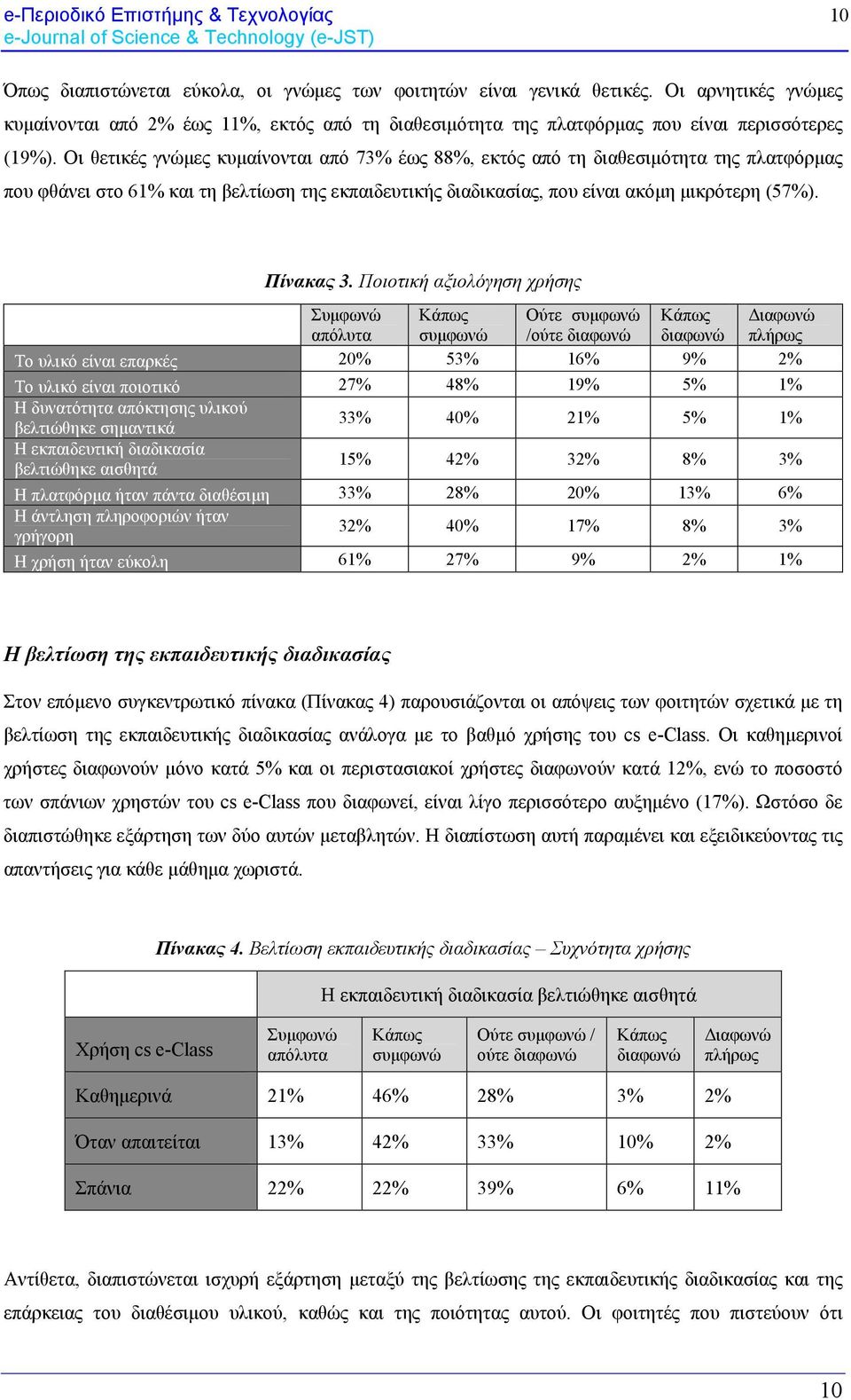 Οι θετικές γνώμες κυμαίνονται από 73% έως 88%, εκτός από τη διαθεσιμότητα της πλατφόρμας που φθάνει στο 61% και τη βελτίωση της εκπαιδευτικής διαδικασίας, που είναι ακόμη μικρότερη (57%). Πίνακας 3.