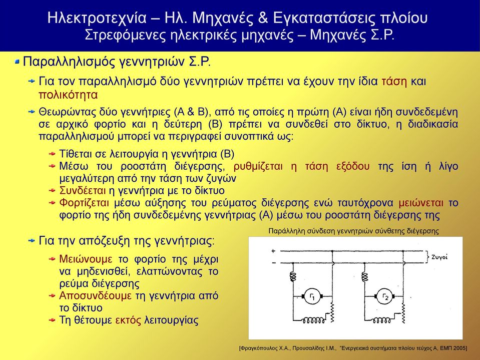 πρέπει να συνδεθεί στο δίκτυο, η διαδικασία παραλληλισμού μπορεί να περιγραφεί συνοπτικά ως: Τίθεται σε λειτουργία η γεννήτρια (Β) Μέσω του ροοστάτη διέγερσης, ρυθμίζεται η τάση εξόδου της ίση ή λίγο