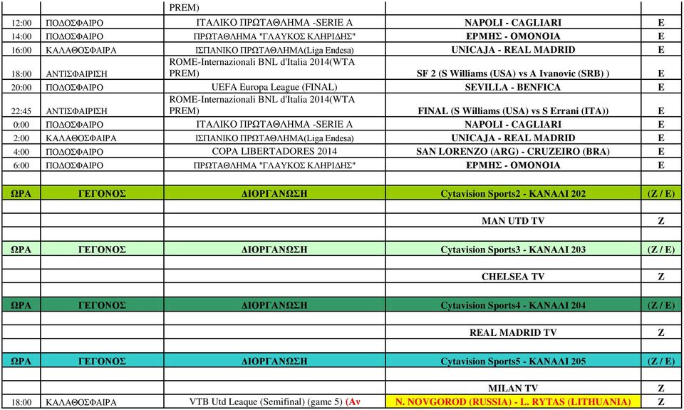ΑΝΤΙΣΦΑΙΡΙΣΗ ROME-Internazionali BNL d'italia 2014(WTA PREM) FINAL (S Williams (USA) vs S Errani (ITA)) E 0:00 ΠΟΔΟΣΦΑΙΡΟ ΙΤΑΛΙΚΟ ΠΡΩΤΑΘΛΗΜΑ -SERIE A NAPOLI - CAGLIARI E 2:00 ΚΑΛΑΘΟΣΦΑΙΡΑ ΙΣΠΑΝΙΚΟ