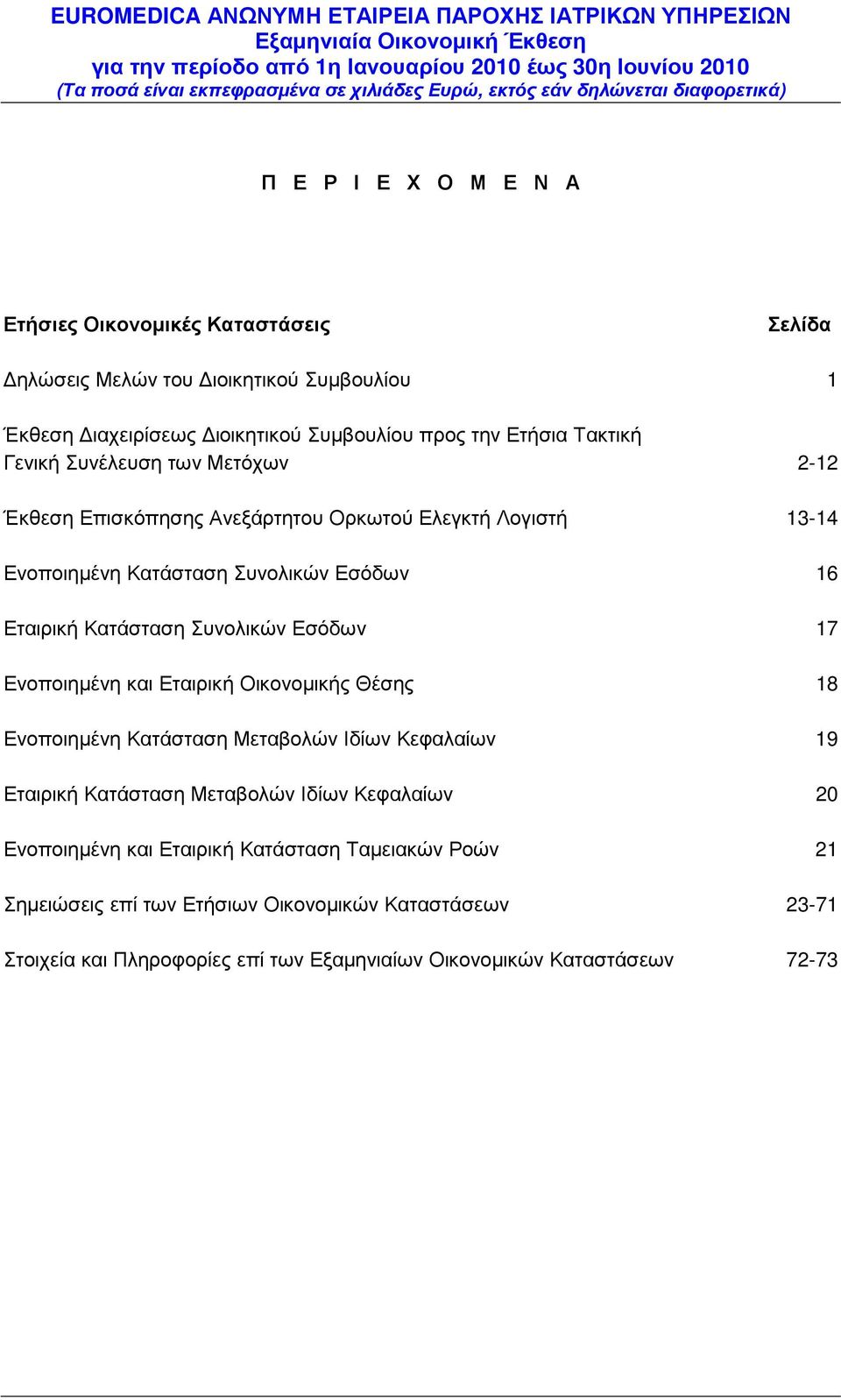 Εσόδων 17 Ενοποιηµένη και Εταιρική Οικονοµικής Θέσης 18 Ενοποιηµένη Κατάσταση Μεταβολών Ιδίων Κεφαλαίων 19 Εταιρική Κατάσταση Μεταβολών Ιδίων Κεφαλαίων 20 Ενοποιηµένη