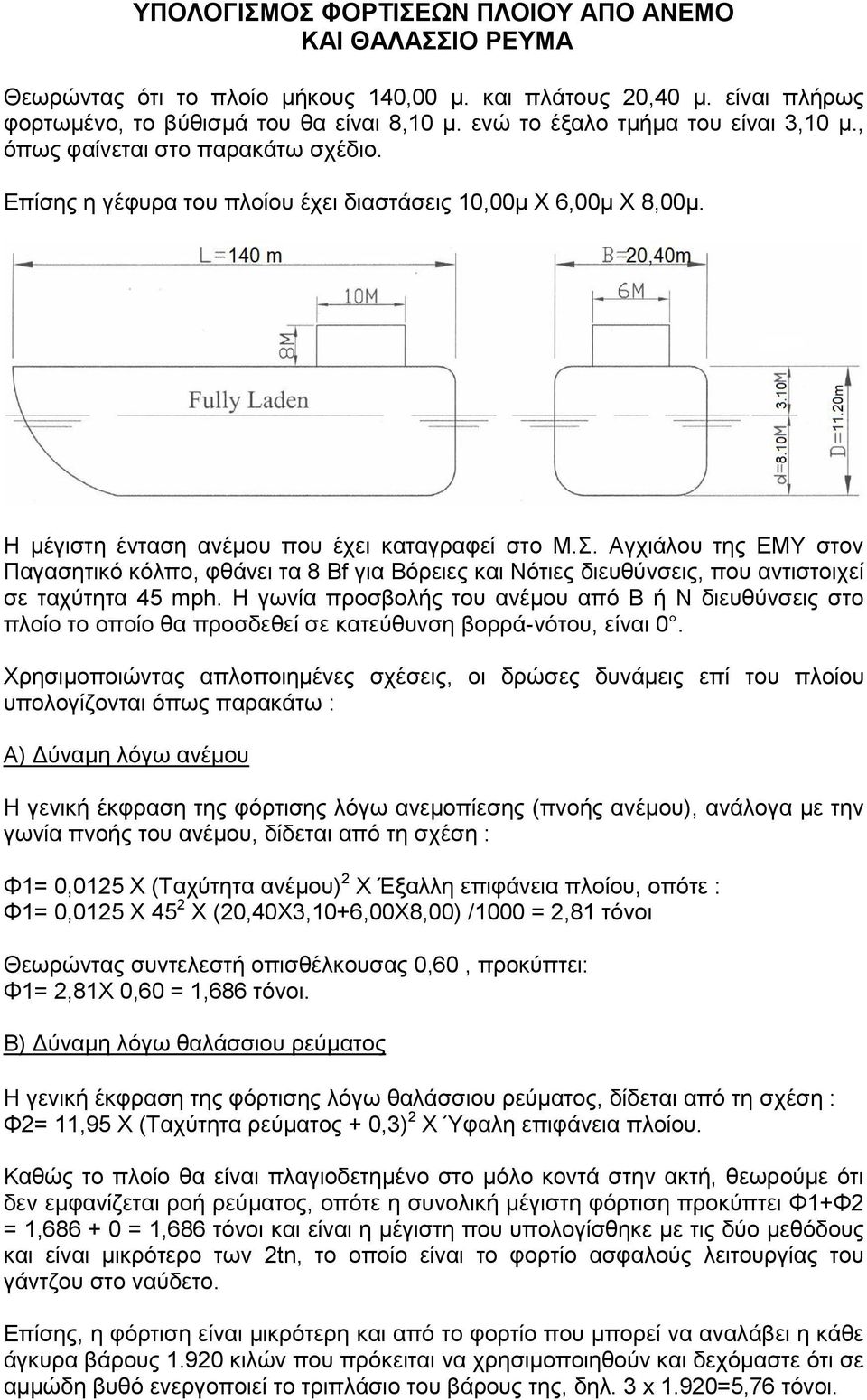 φθάνει τα 8 Bf για Βόρειες και Νότιες διευθύνσεις, που αντιστοιχεί σε ταχύτητα 45 mph Η γωνία προσβολής του ανέμου από Β ή Ν διευθύνσεις στο πλοίο το οποίο θα προσδεθεί σε κατεύθυνση βορρά-νότου,