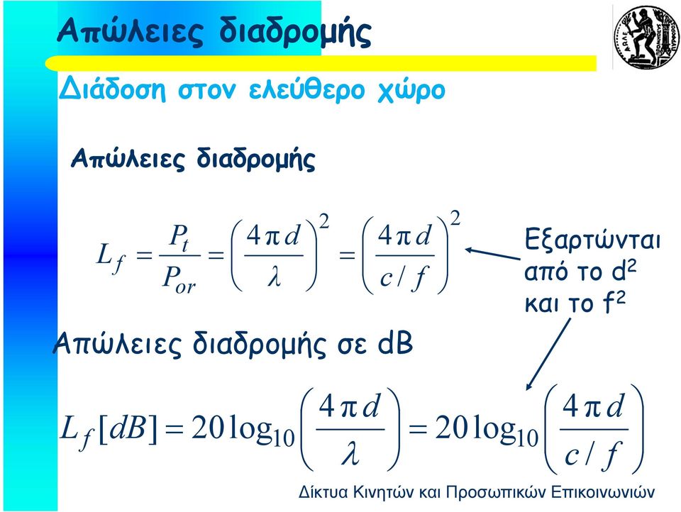 f Απώλειες διαδρομής σε db Εξαρτώνται από το d